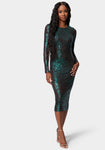 Open-Back Sequined Button Closure Cowl Neck Party Dress/Midi Dress