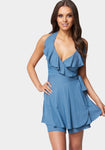 Halter Tie Waist Waistline Wrap Romper With Ruffles