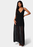 Short Sheer Slit Flowy Faux Wrap Summer Polyester Dress