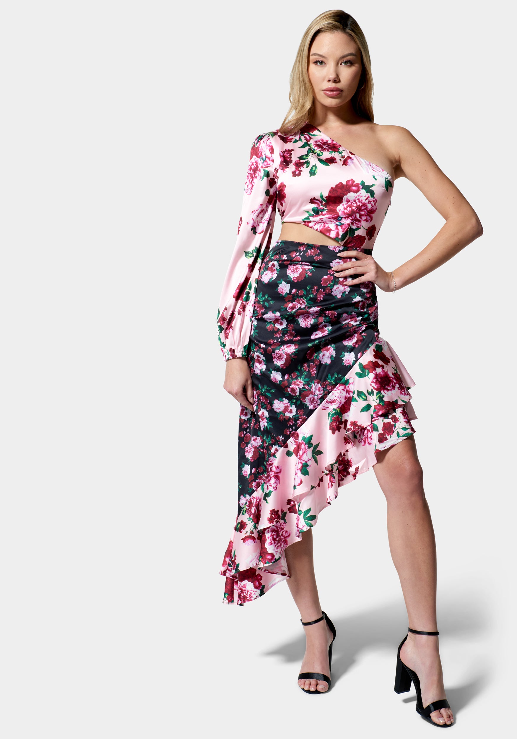  Accessories > Jewelry > Bracelets-Printed One Shoulder Asymmetrical Ruffle Dress