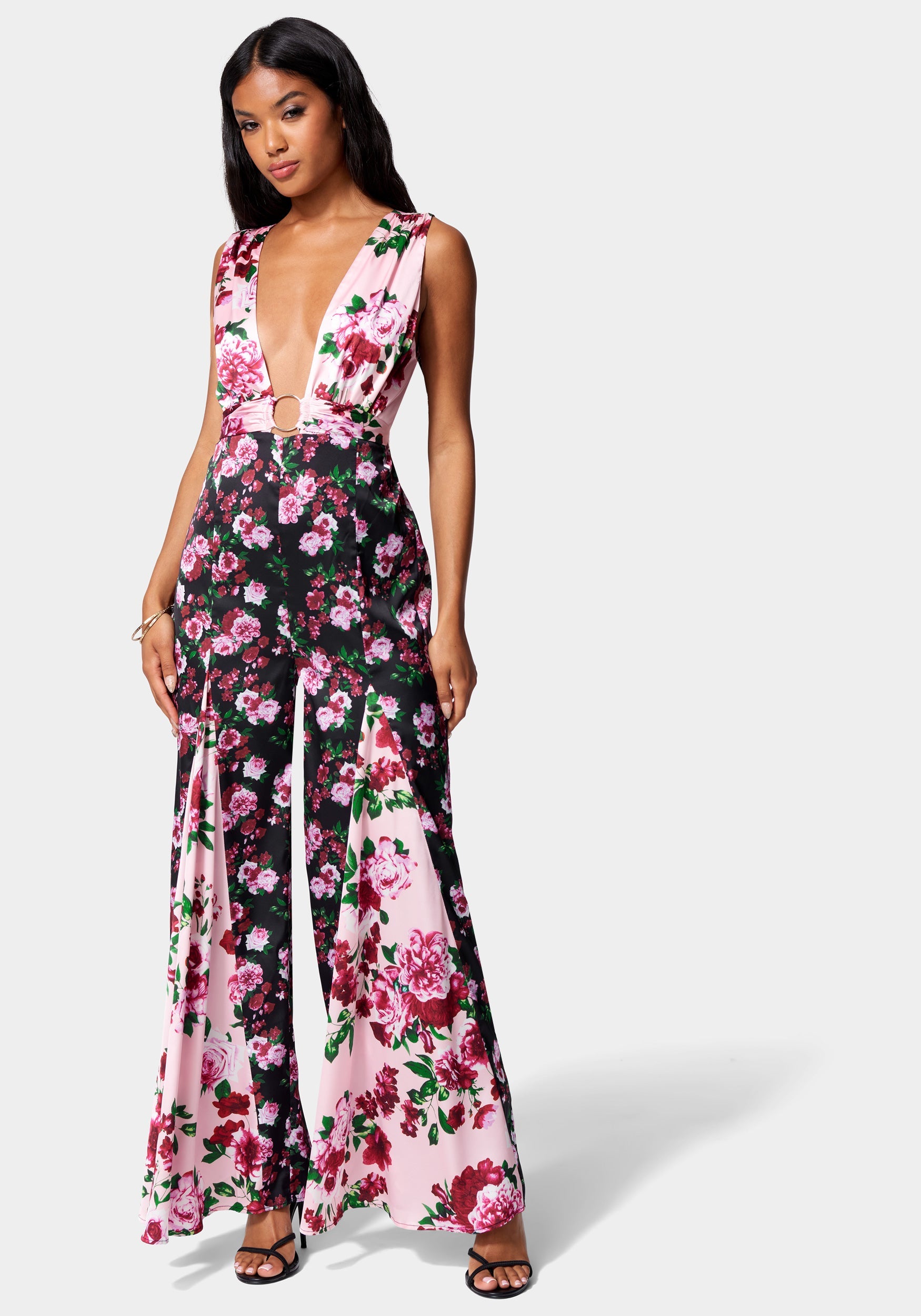  -Printed Deep V Godet Leg Jumpsuit