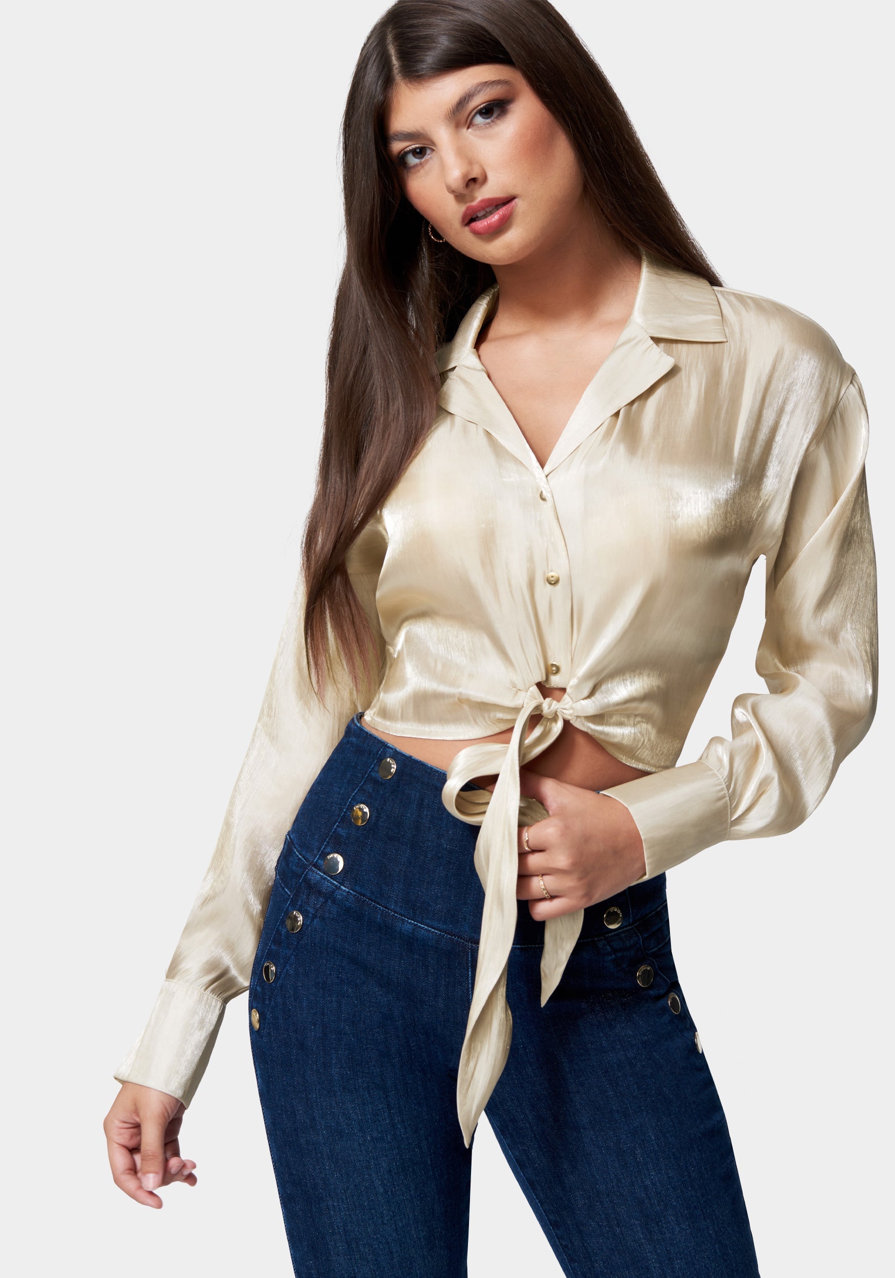  -Shiny Chiffon Tie Front Blouse