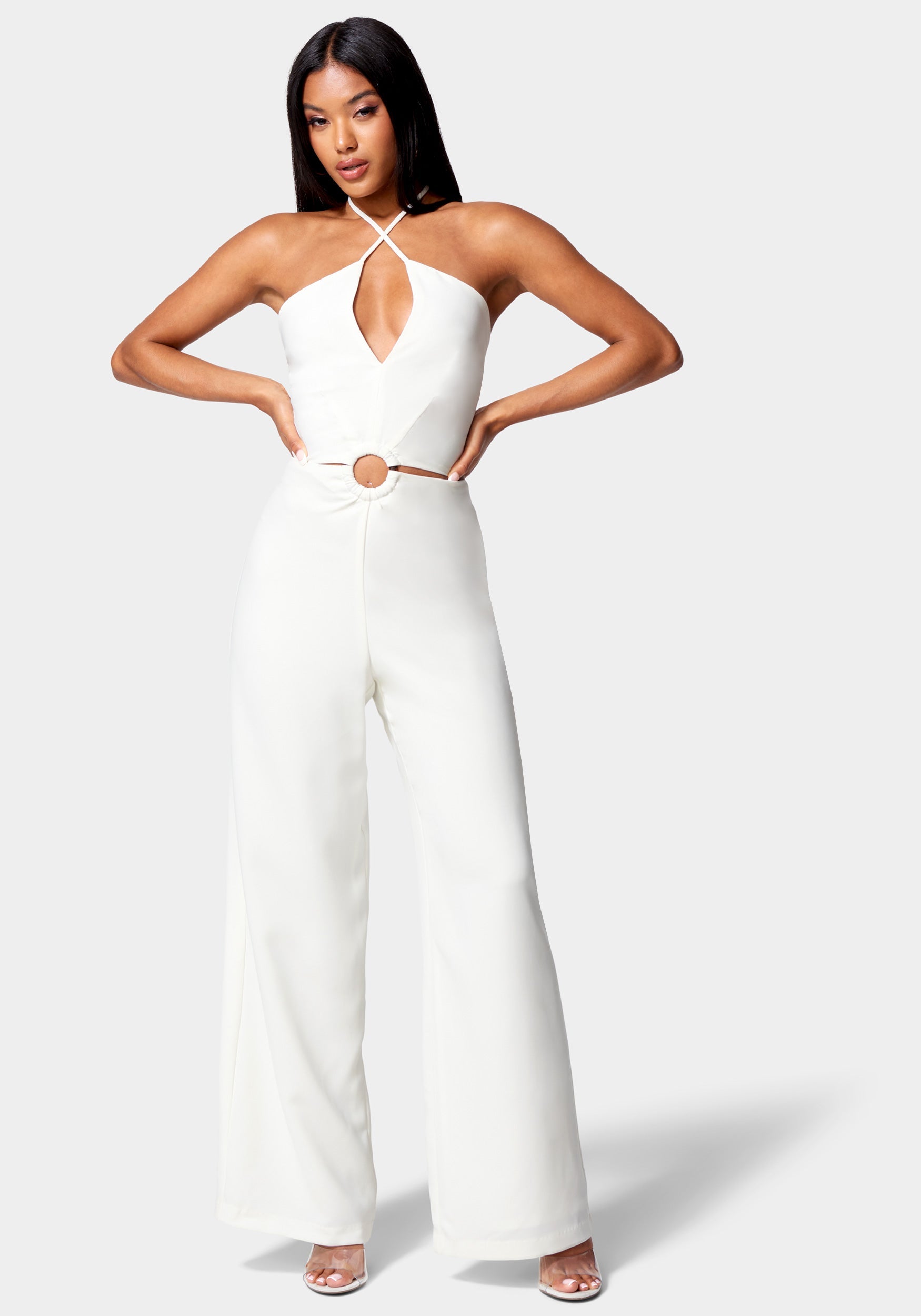  -Halter Ring Detail Cut Out Wide Leg Jumpsuit