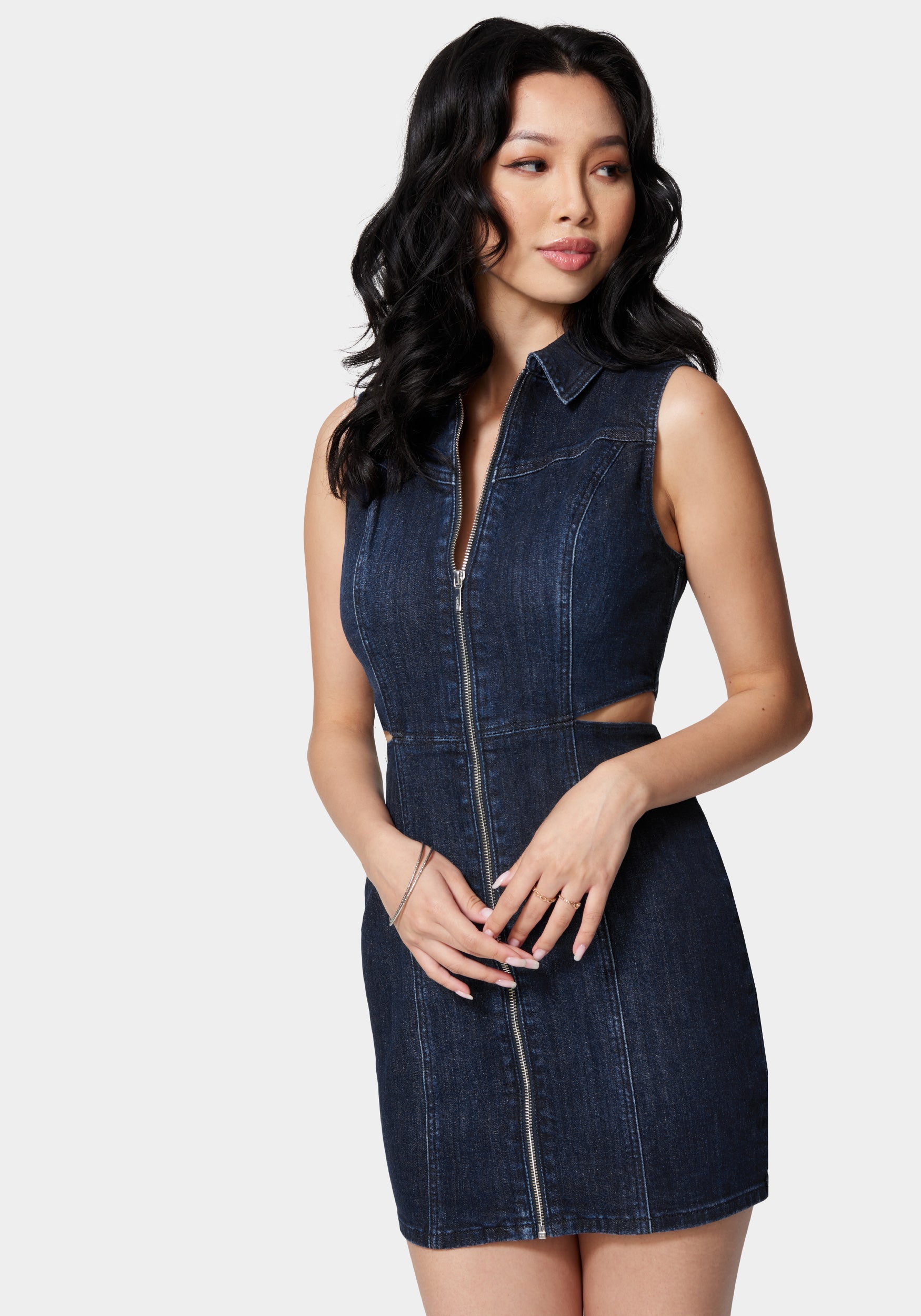  Accessories > Jewelry > Bracelets-Front Zip Side Cut Out Denim Dress