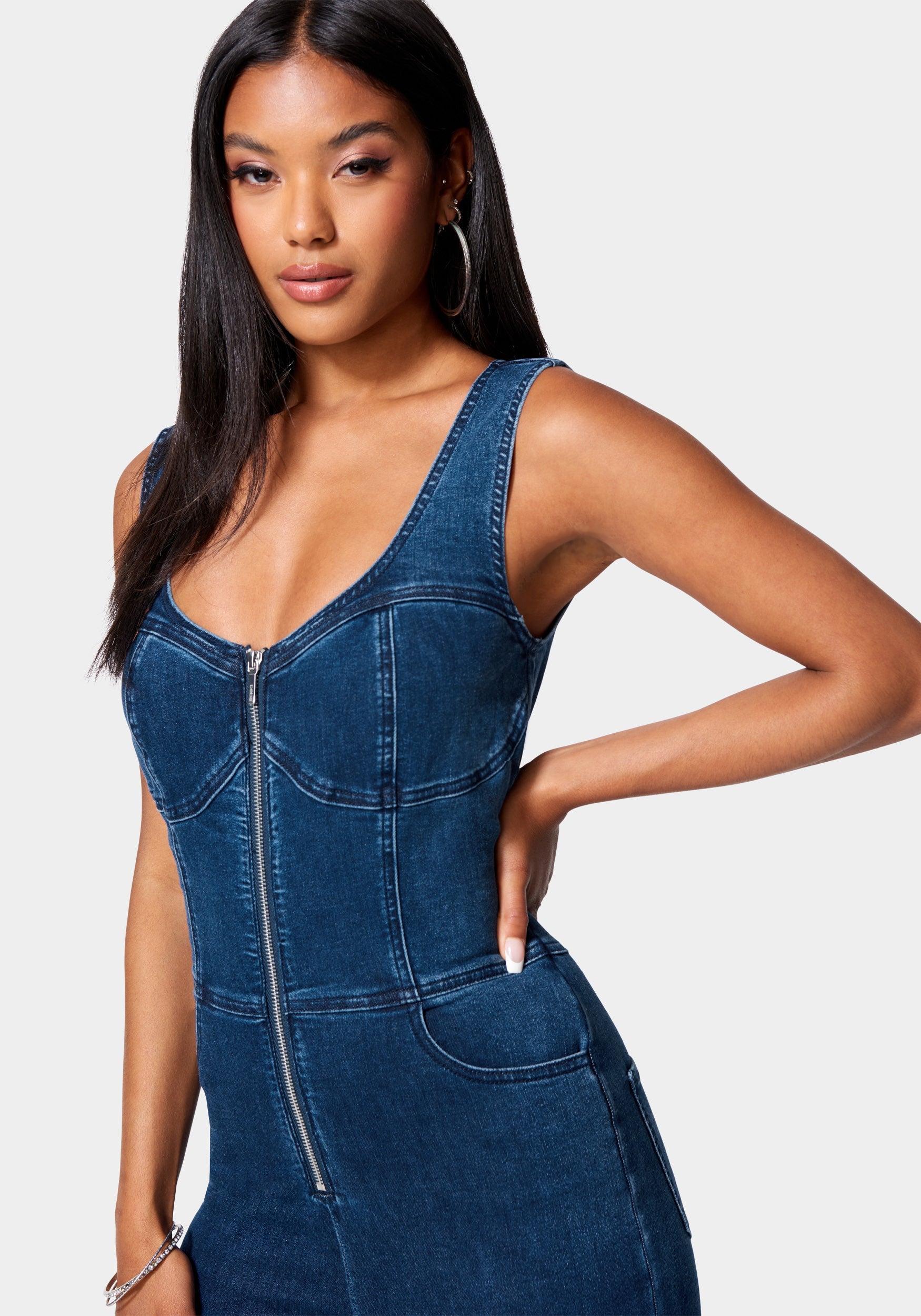  -Skinny Leg Front Zip Denim Jumpsuit