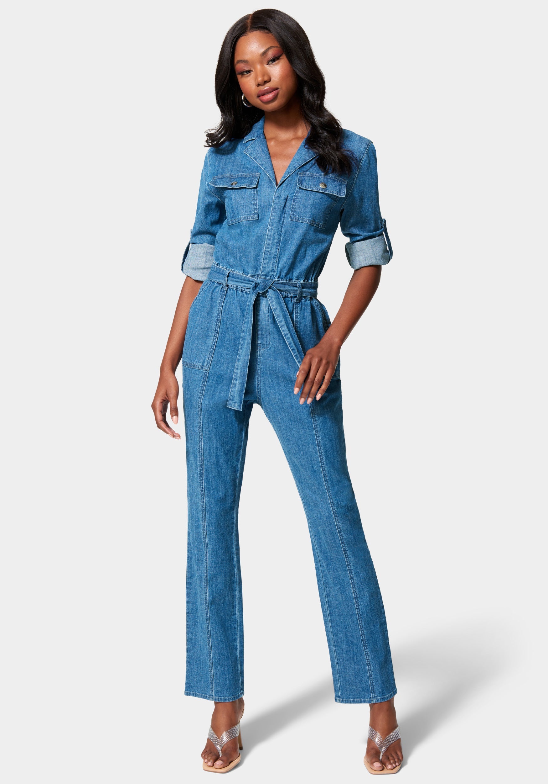  -Lightweight Denim Cargo Style Straight Leg Jumpsuit