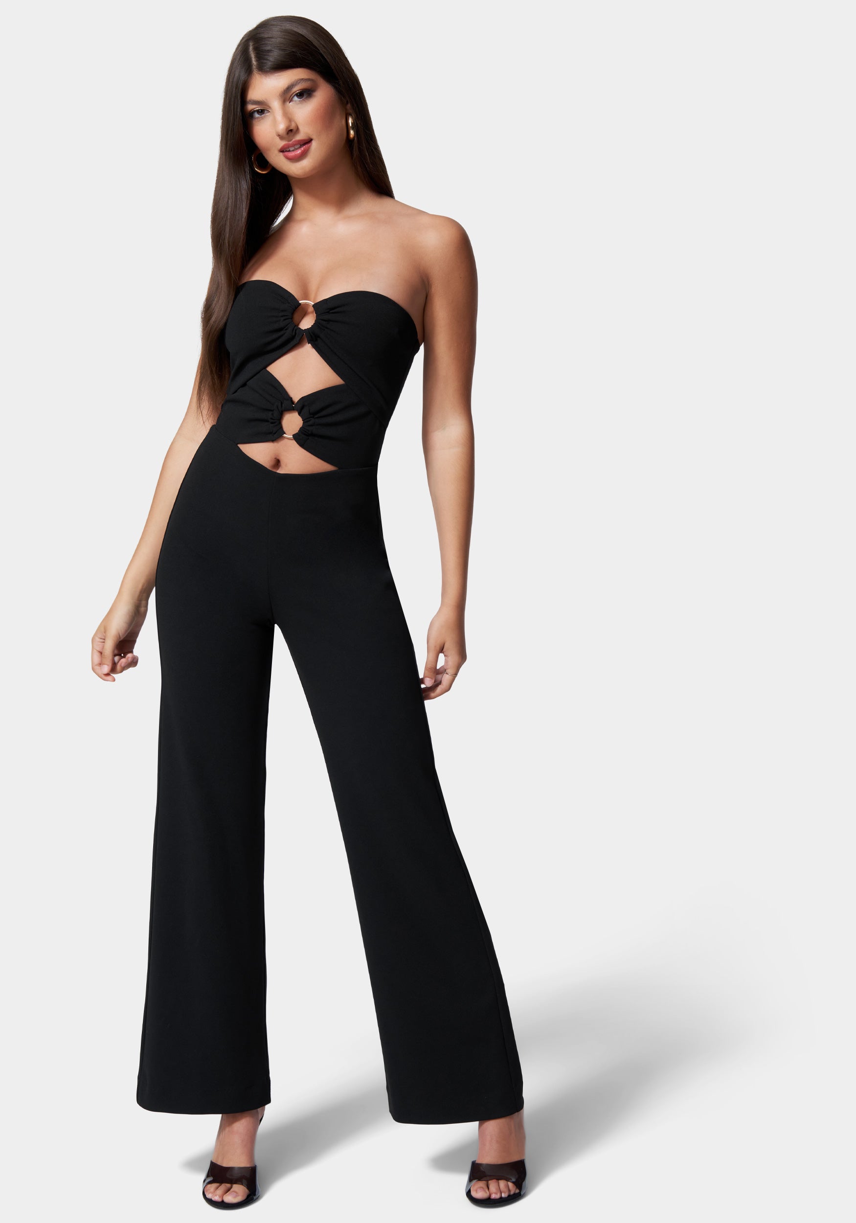  -Ring Detail Wide Leg Knit Crepe With Satin Combo Jumpsuit