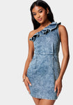 Glittering Pocketed Short One Shoulder Dress With Ruffles
