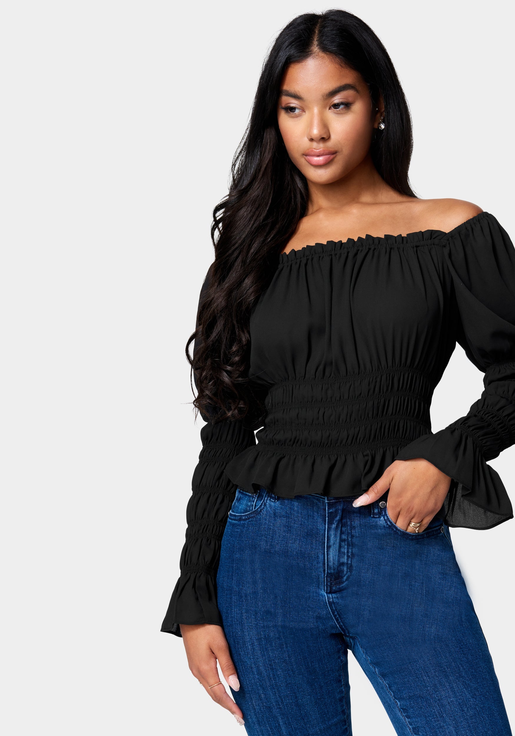 Pull&Bear long sleeve corset detail cropped top in black