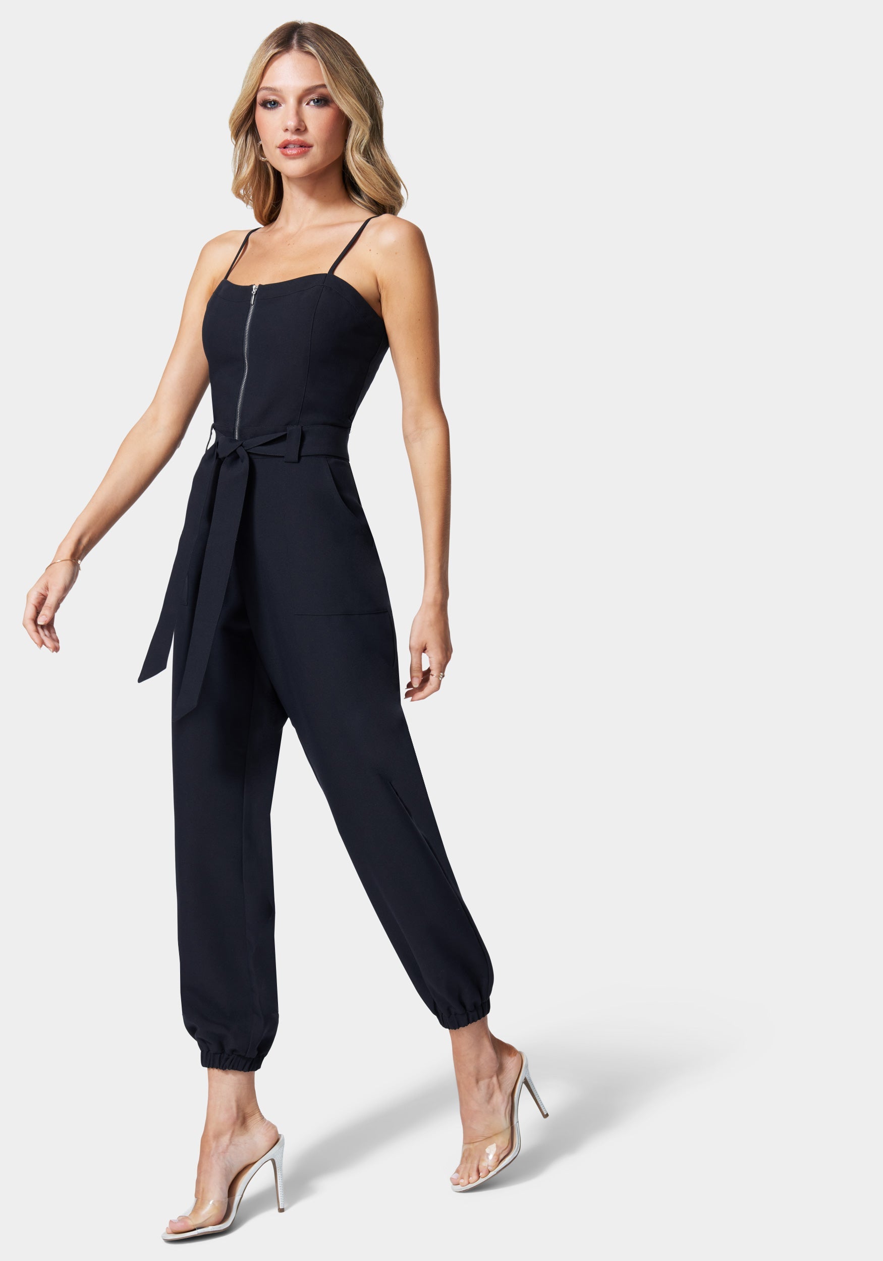 Knit Crepe Rhinestone Wide Leg Jumpsuit | bebe