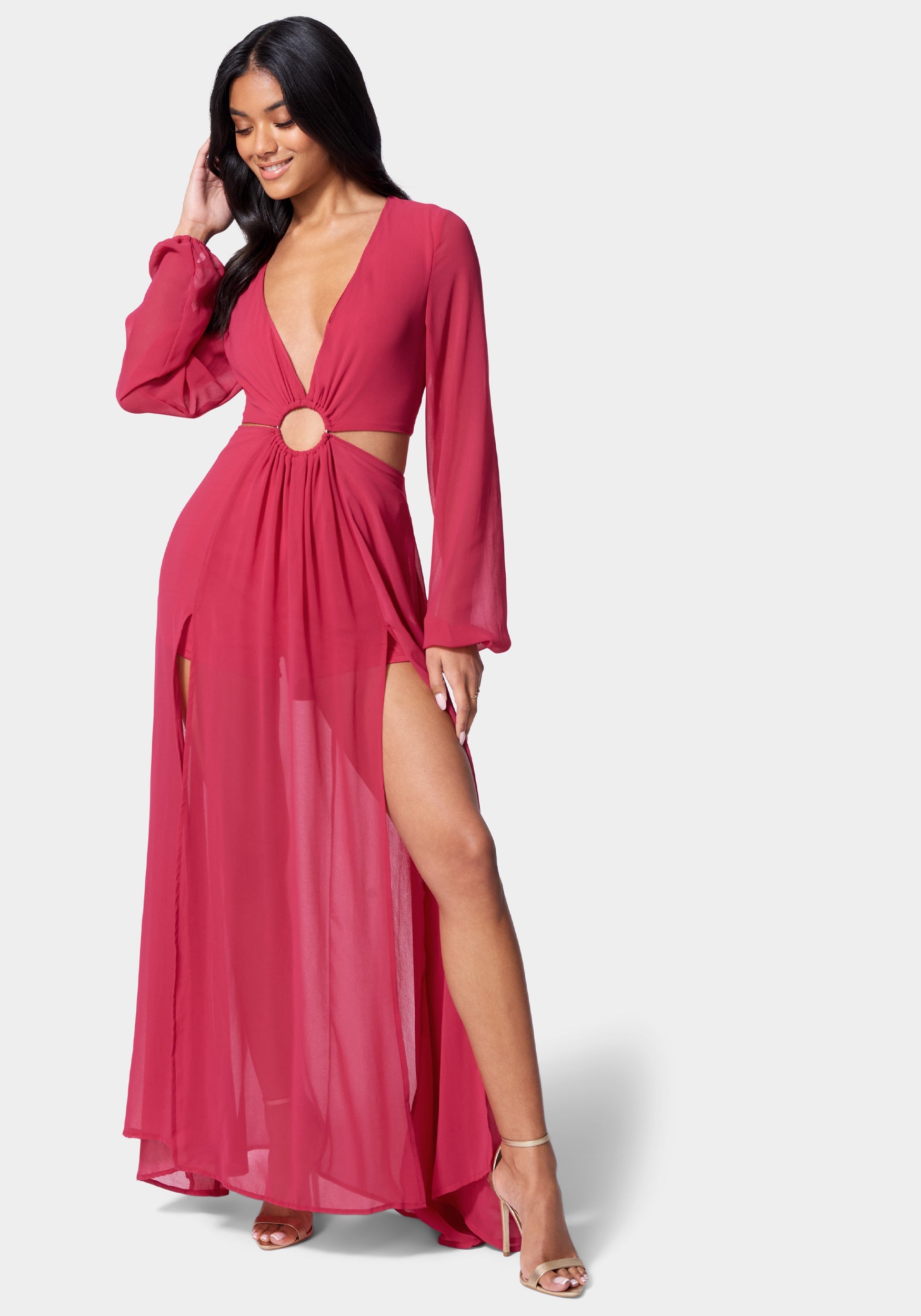 Plunging O-Ring Detail Maxi Dress