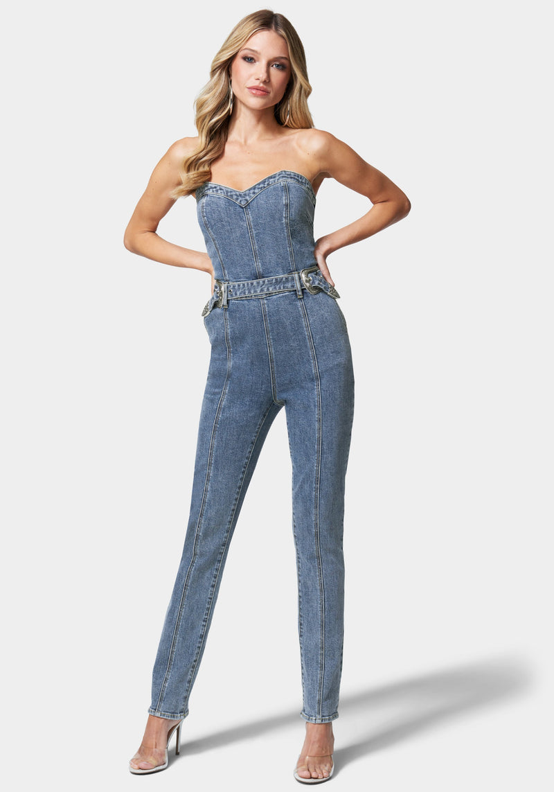 Relativiteitstheorie jurk aansluiten Belted Sweetheart Denim Jumpsuit | bebe