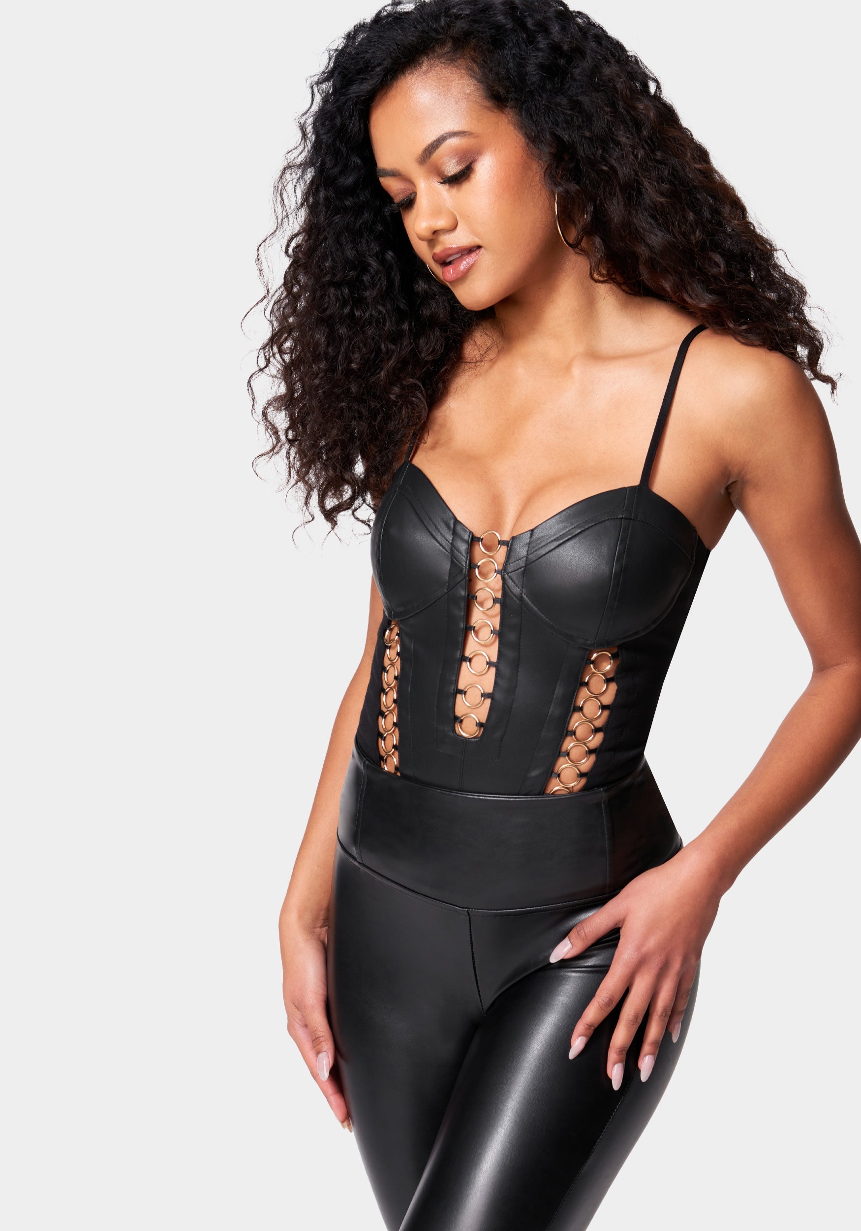 Black Leather Lace up Bodysuit -  Israel