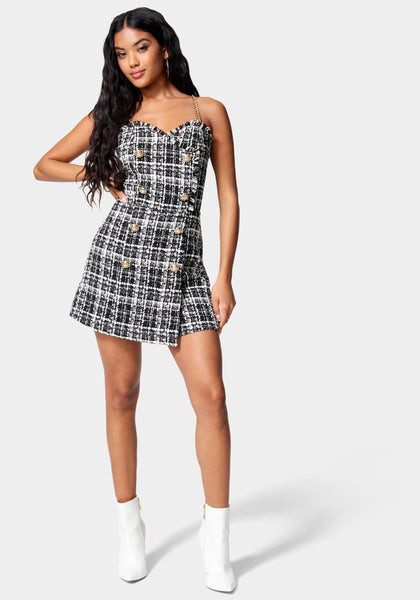 Checkered Print Fitted Back Zipper Fit-and-Flare Romper