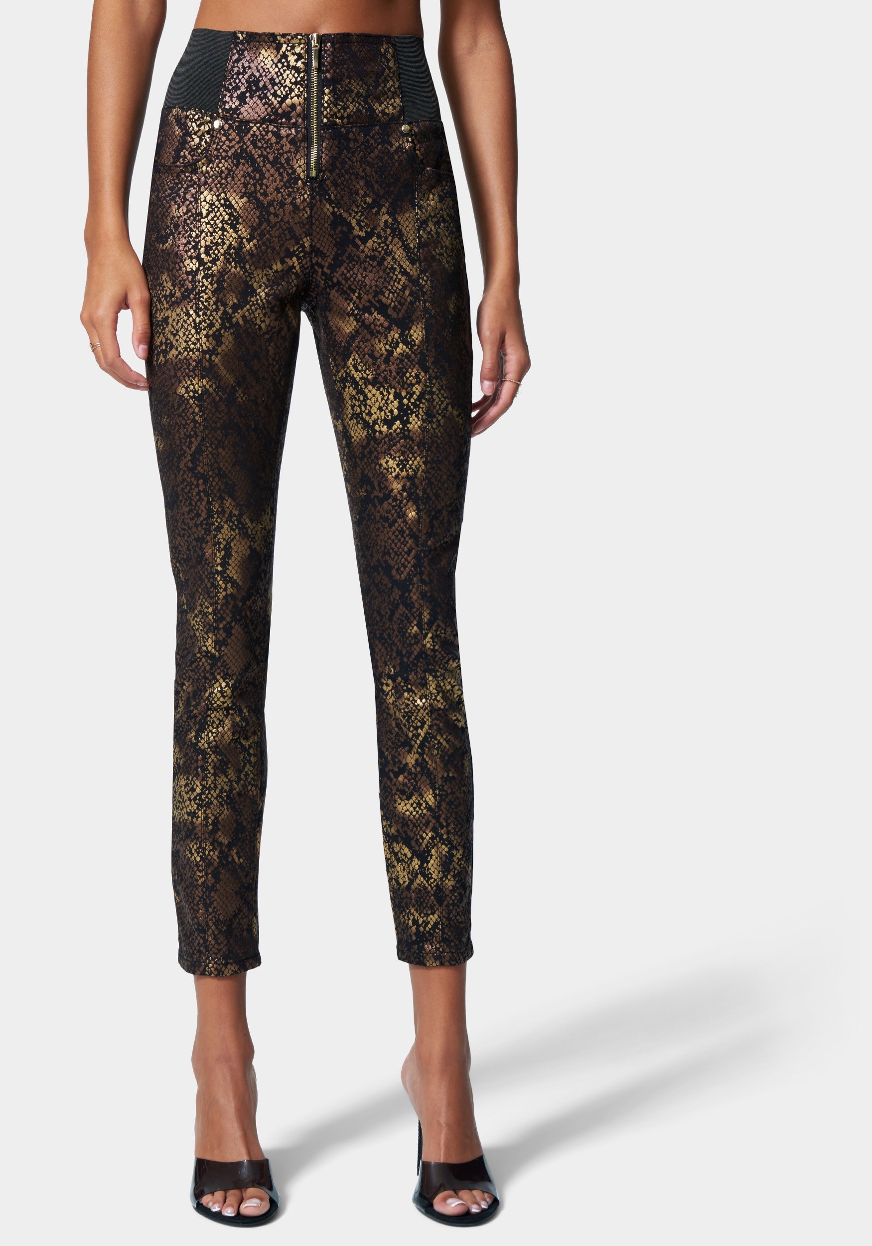  Apparel > Bottoms > Pants > Joggers-Foiled Print Zip Front Elastic Skinny Jean