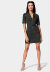 Belted Front Zipper Trim Dress With Rhinestones