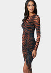 Ruched Asymmetric Mesh Long Sleeves Animal Tiger Print Dress