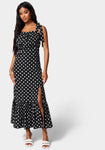 Slit Banding Self Tie Tiered Polka Dots Print Midi Dress With Ruffles