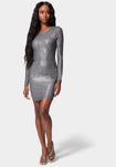 Round Neck Short Long Sleeves Sequined Open-Back Bodycon Dress