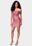 Sequined Ruched Draped Cocktail Short Off the Shoulder Party Dress