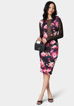 Floral Print Mesh Back Zipper Sheer Midi Dress
