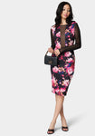 Back Zipper Sheer Mesh Floral Print Midi Dress