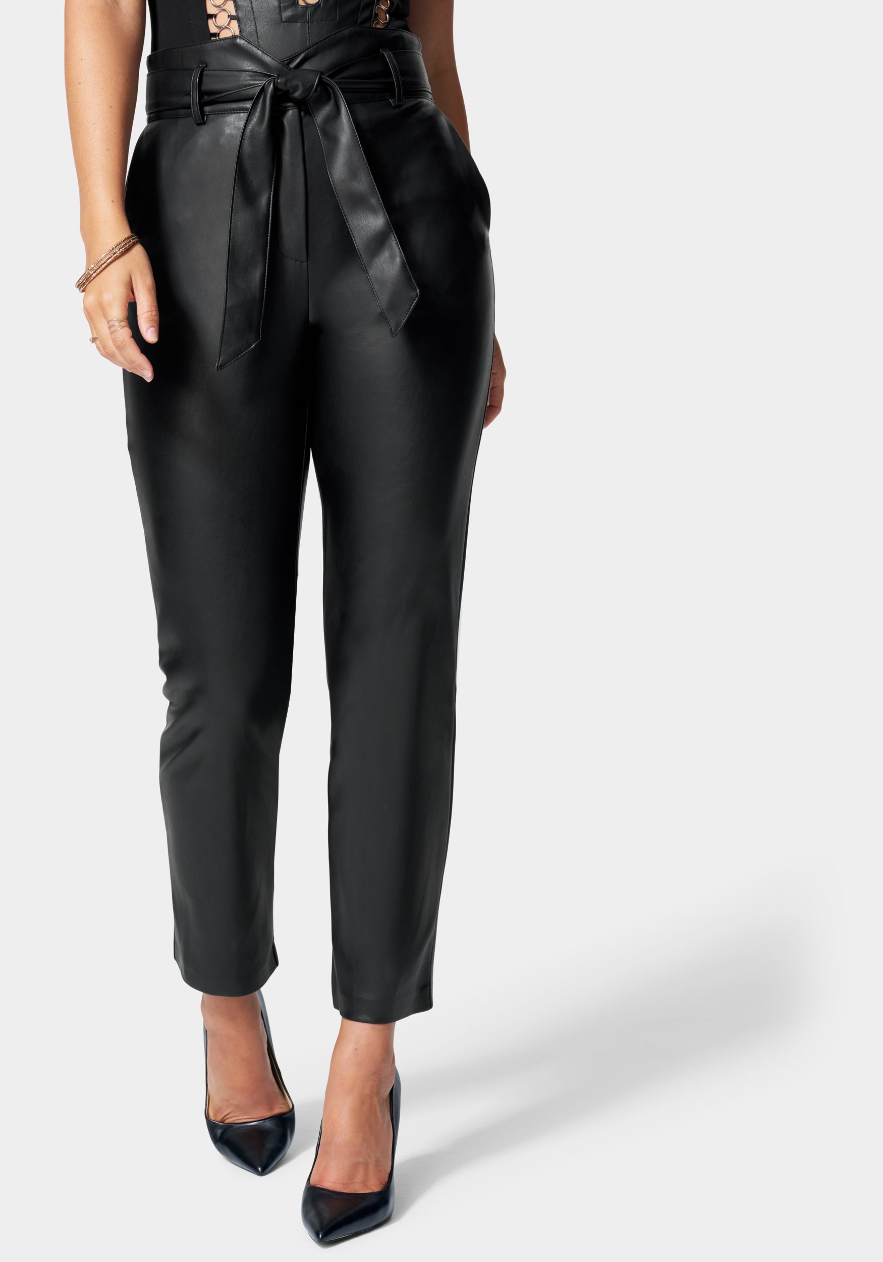  -Belted Slim Leg Vegan Leather Pant