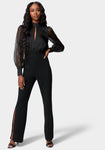 Dots Print Mesh Keyhole Slit Vintage Puff Sleeves Sleeves Jumpsuit