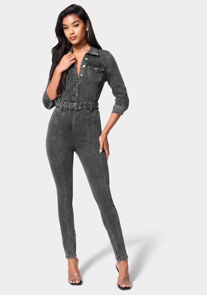 Belted Button Front Vintage Long Sleeves Jumpsuit