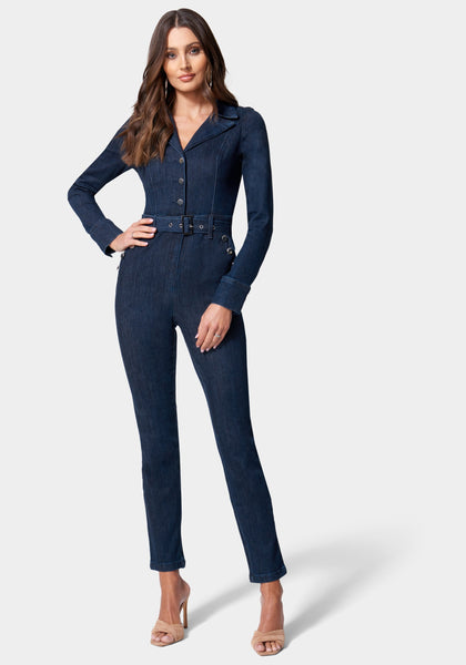 Notched Collar Button Front Belted Jumpsuit