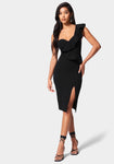 Back Zipper Slit One Shoulder Little Black Dress/Midi Dress With Ruffles