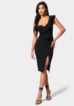 One Shoulder Slit Back Zipper Little Black Dress/Midi Dress With Ruffles