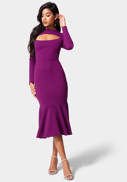 Mermaid Cocktail Long Sleeves Cutout Back Zipper Bodycon Dress/Midi Dress