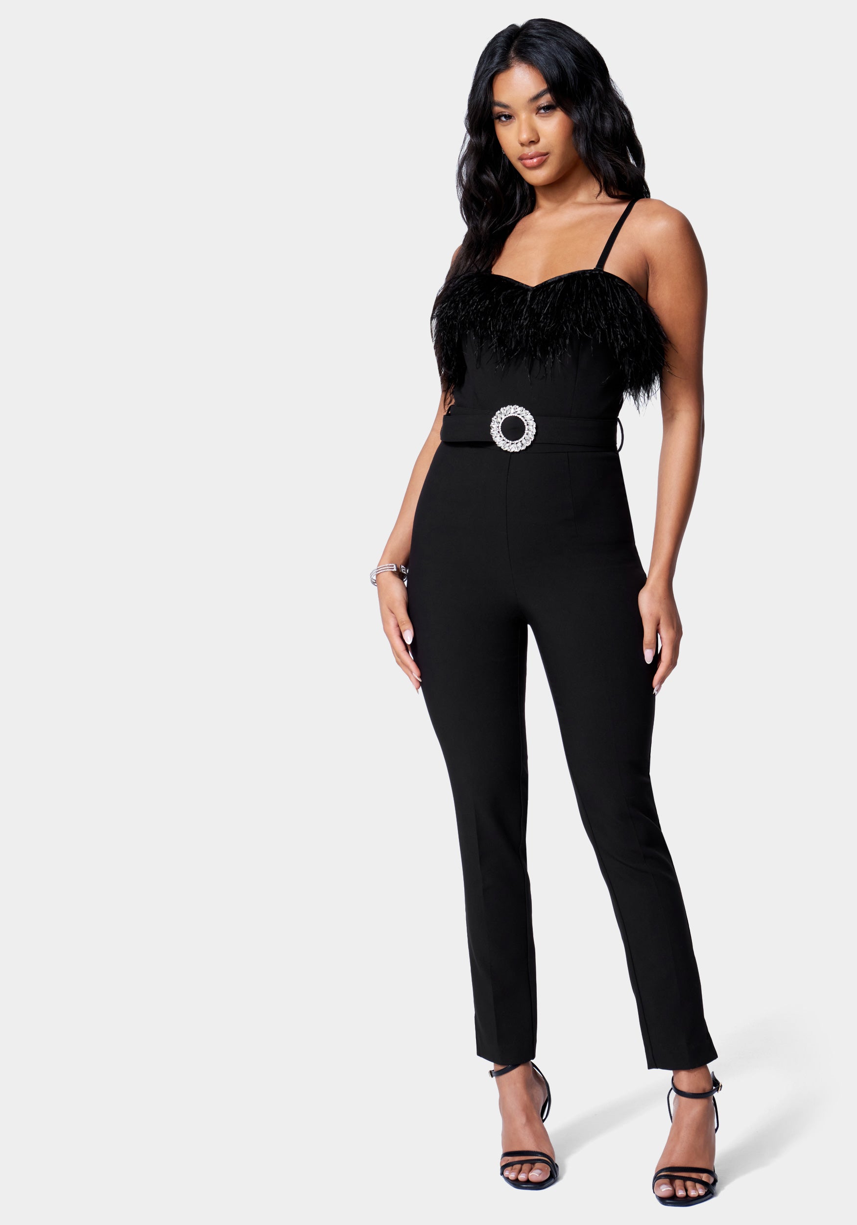  -Feather Trim Slim Leg Belted Jumpsuit