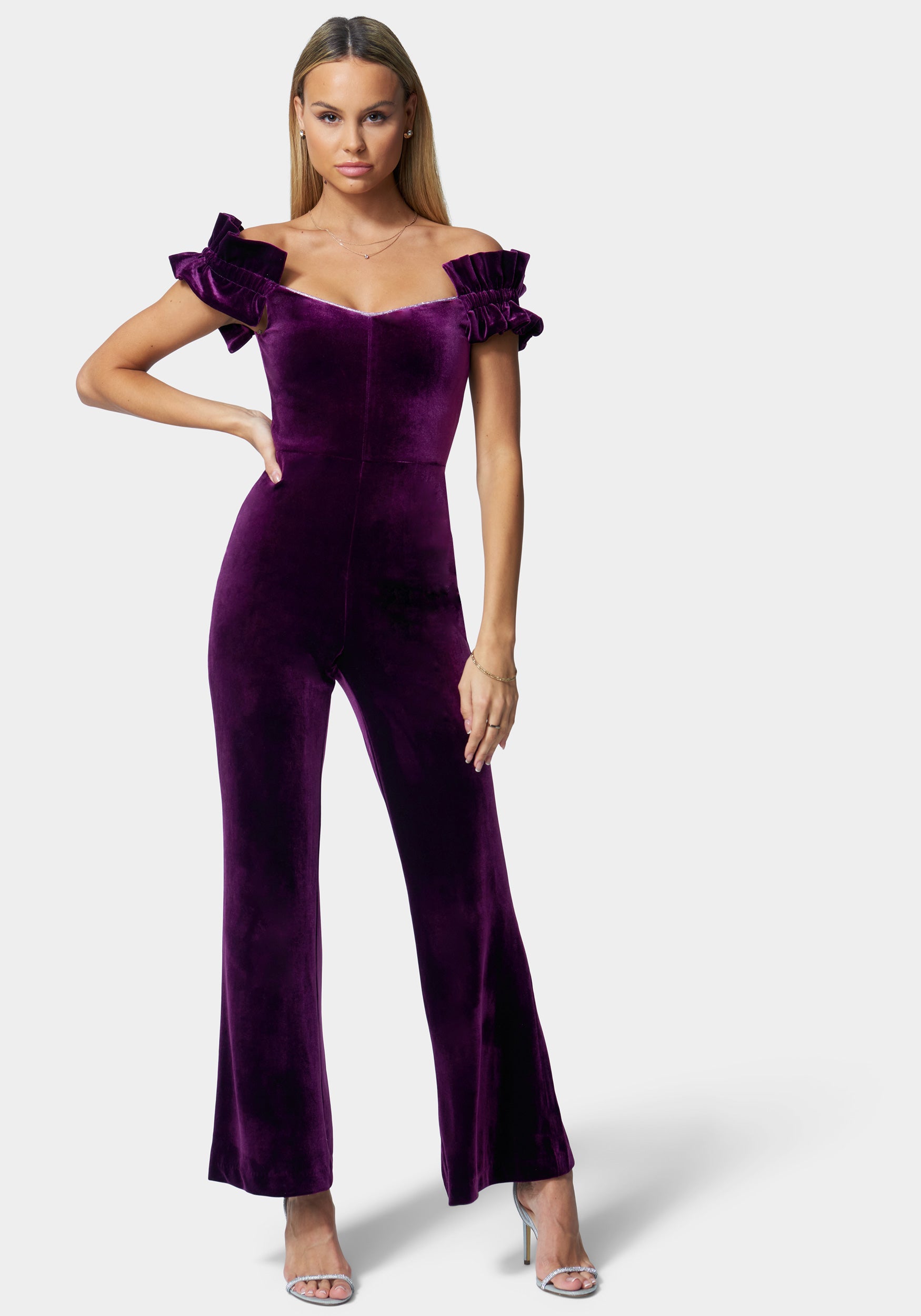  -Velour Rhinestone Detail Wide Leg Jumpsuit