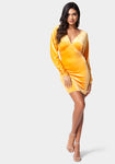 Plunging Neck Short Ruched Long Sleeves Bodycon Dress