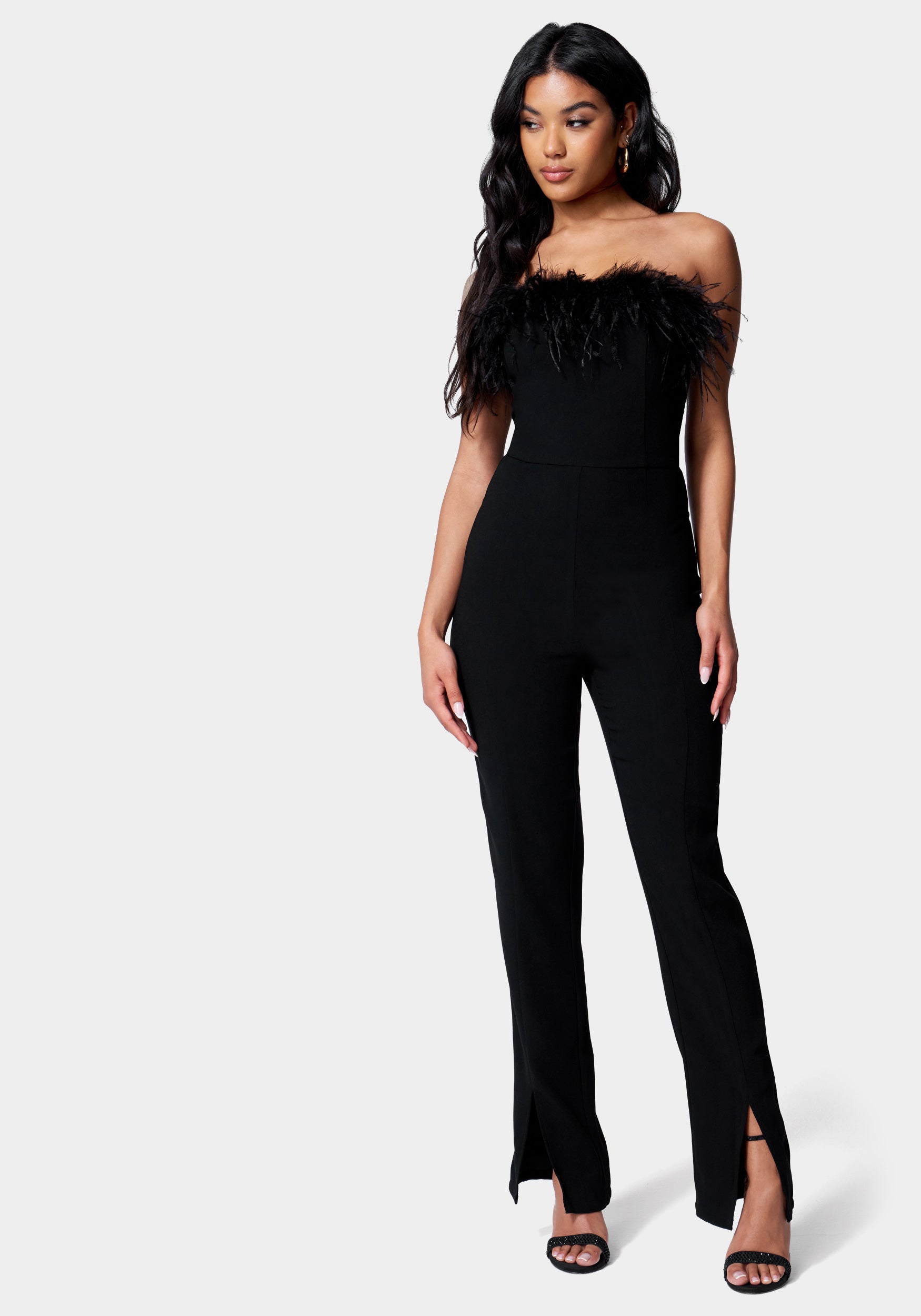  -Feather Trim Split Hem Jumpsuit