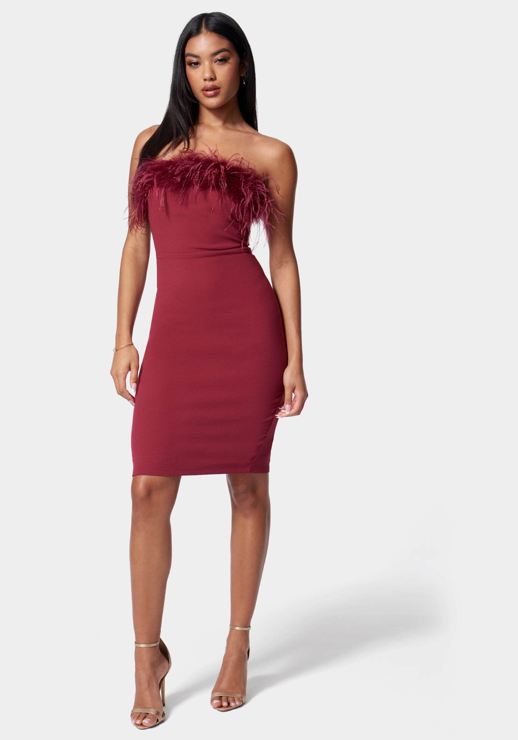  Accessories > Jewelry > Bracelets-Feather Trim Strapless Midi Dress