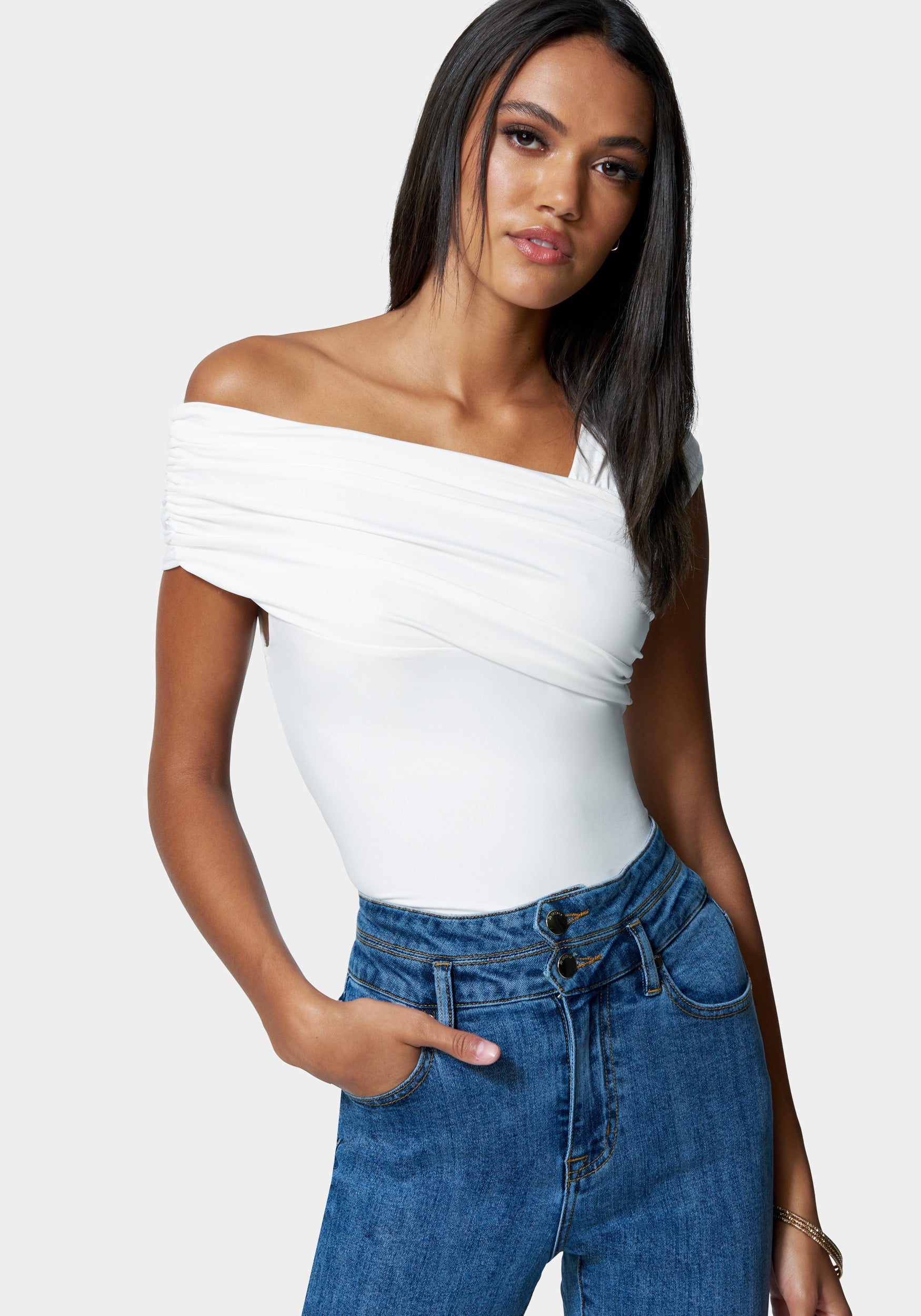  -Asymmetric Ruched Neck Top