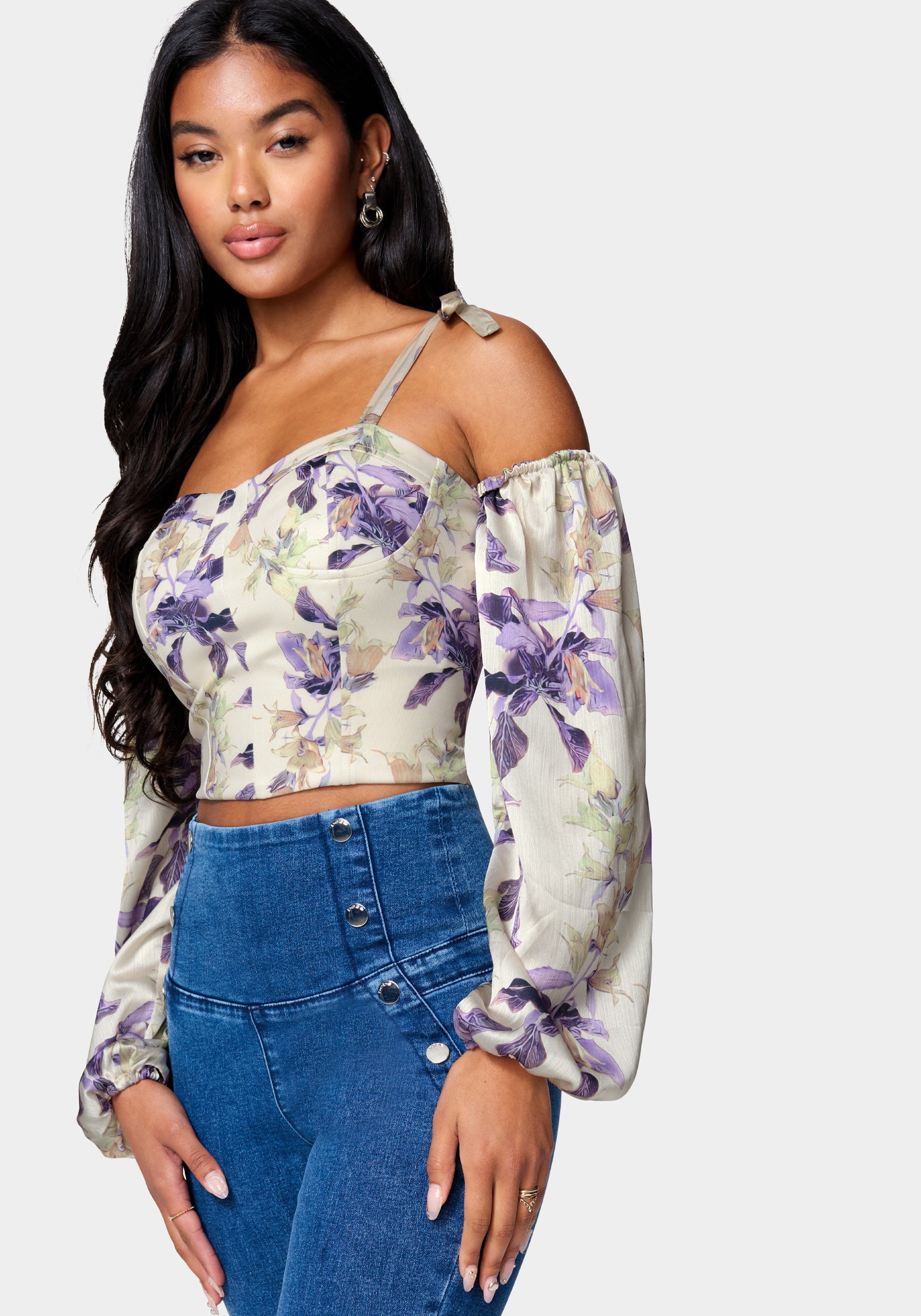 Beautiful Hues Ivory Floral Print Puff Sleeve Ruched Bodysuit