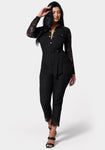 Button Front Pocketed Sheer Belted Long Sleeves Jumpsuit