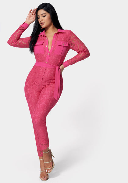 Long Sleeves Belted Pocketed Sheer Button Front Jumpsuit