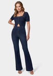 Short Sleeves Sleeves Pocketed Back Zipper Cutout Square Neck Floor Length Jumpsuit