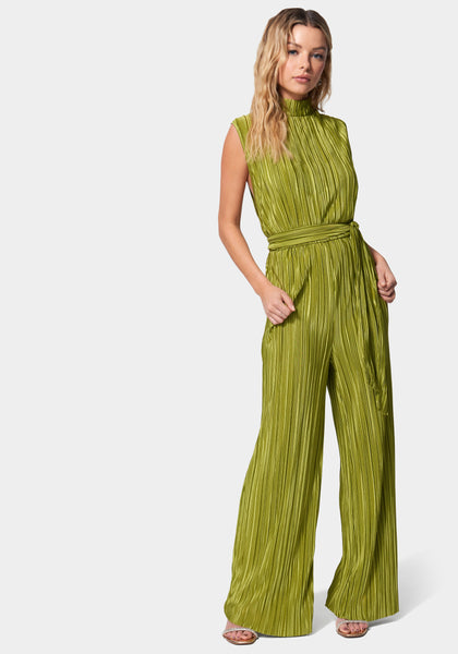 Mock Neck Pleated Keyhole Jumpsuit