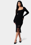 Sweater Square Neck Long Sleeves Frill Trim Bodycon Dress