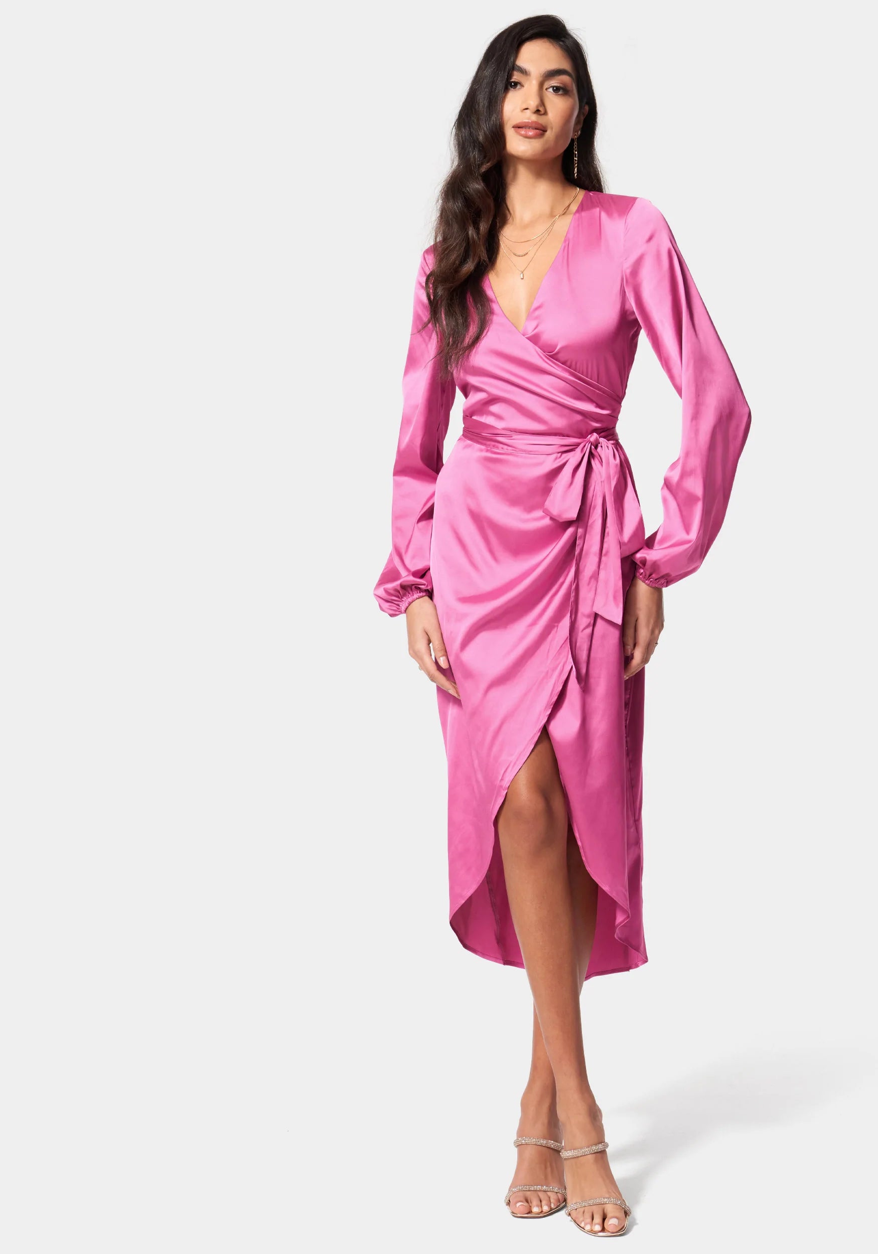 High-Low-Hem Slit Belted Flower(s) Wrap Dress