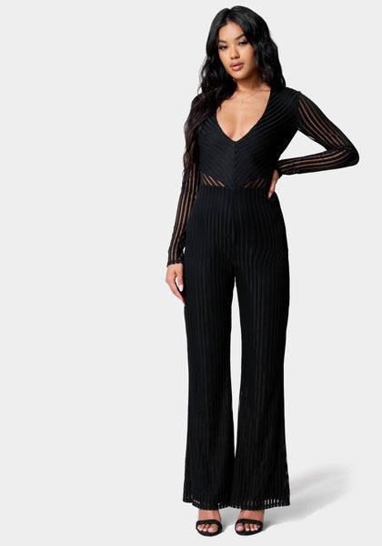 Mesh Illusion Striped Print Jumpsuit