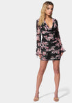 Floral Print Mesh Ruched Self Tie Bodycon Dress