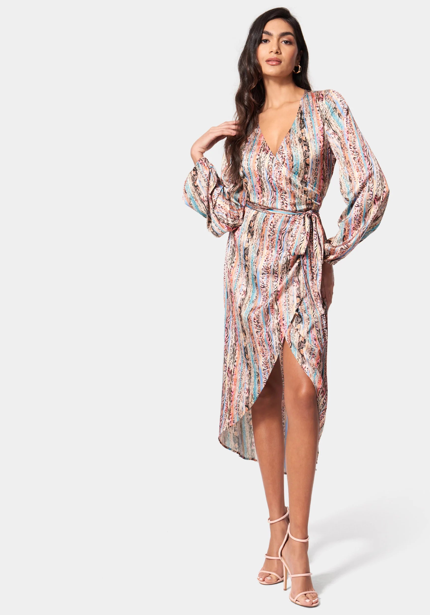 General Print High-Low-Hem Wrap Dress