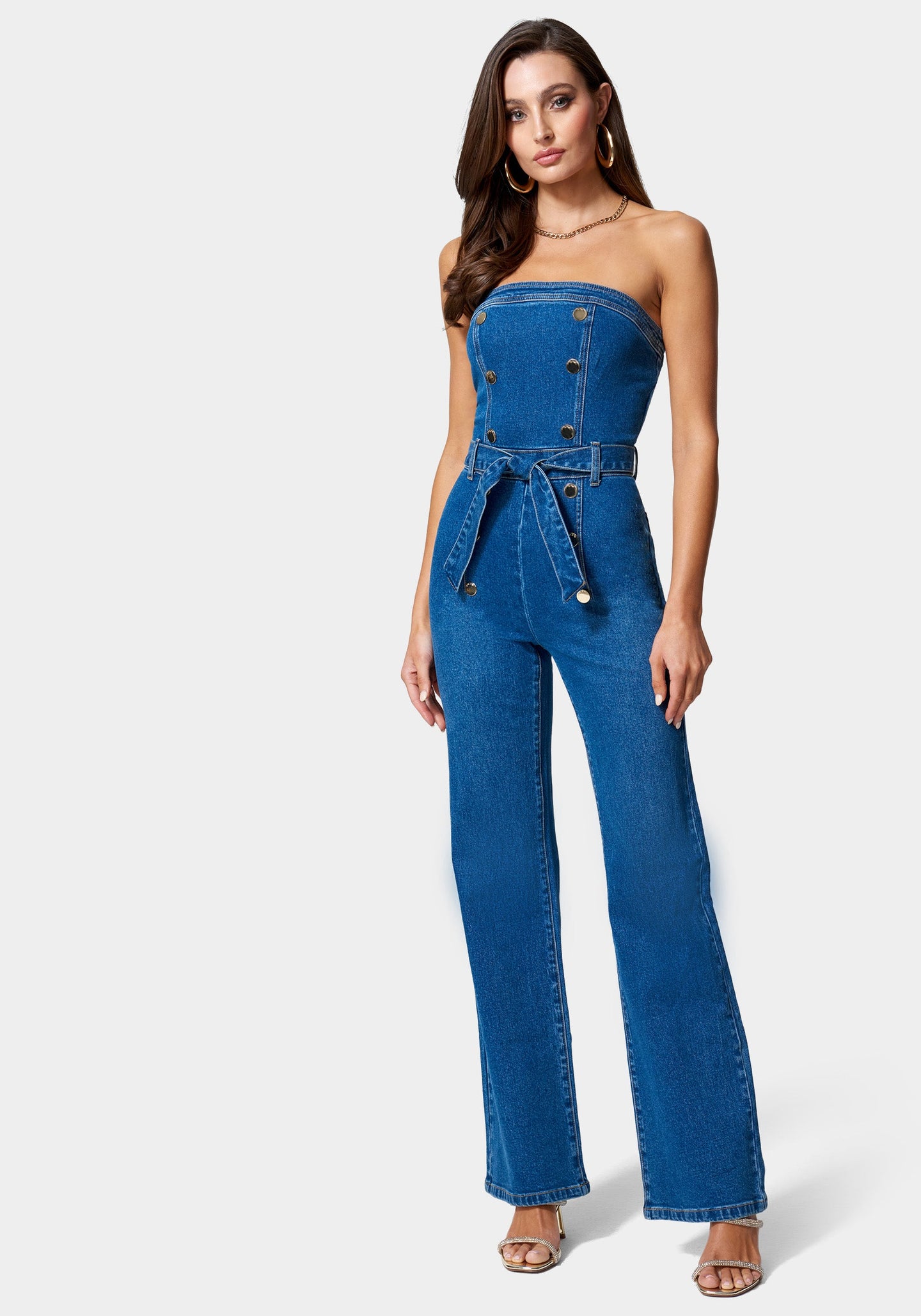 weerstand bieden Zenuwinzinking Verhoog jezelf Strapless Button Detail Belted Wide Leg Denim Jumpsuit | bebe